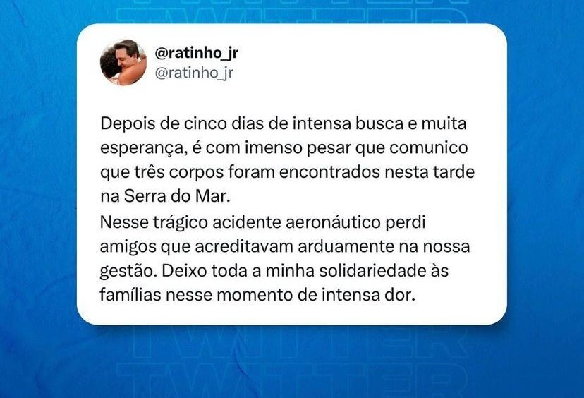 "Nesse trágico acidente  aeronáutico perdi amigos que acreditavam arduamente na nossa gestão", diz Ratinho Junior 