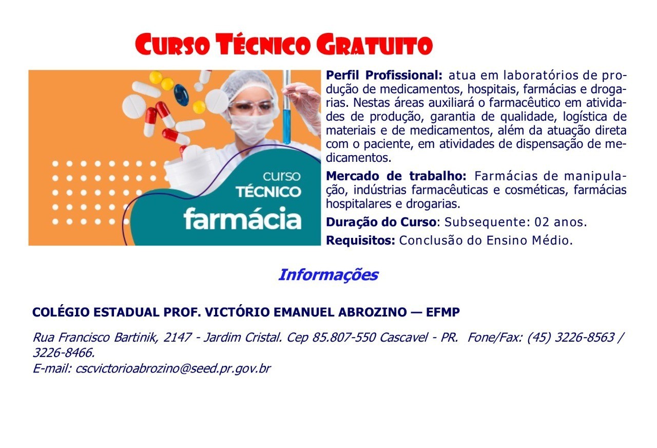 Estão abertas as inscrições para curso gratuito de técnico de Farmácia